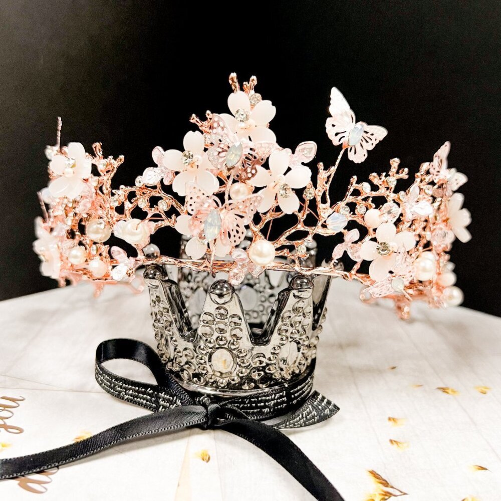 Rose Gold tiara with butterfly, Rose Gold Pearl Crown, Flower Girl Crystal Crown